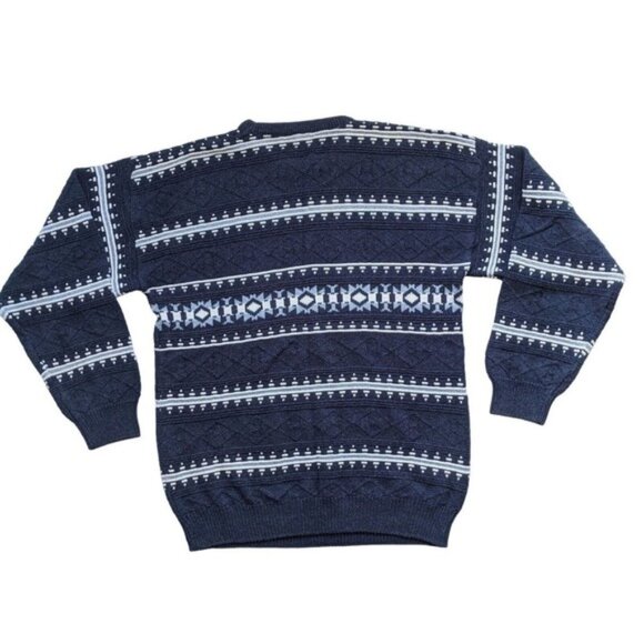 Vintage 90s Jantzen Grandpa Dad Sweater L Fair Isle Striped Blue Cotton Unisex - Picture 3 of 10